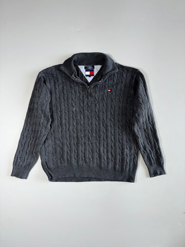 Tommy Hilfiger Charcoal Grey Cable Knit Quarter-Zip Sweater with Flag Logo (XL)