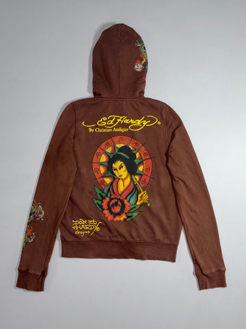 Ed Hardy Dragon Zip-Up Hoodie Brown Fuzzy Lined (S)
