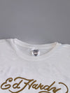 Ed Hardy by Christian Audigier White Tee  Gold Script Logo, Winged Skull Front & Crossed Pistols Roses Back Graphic (M)
