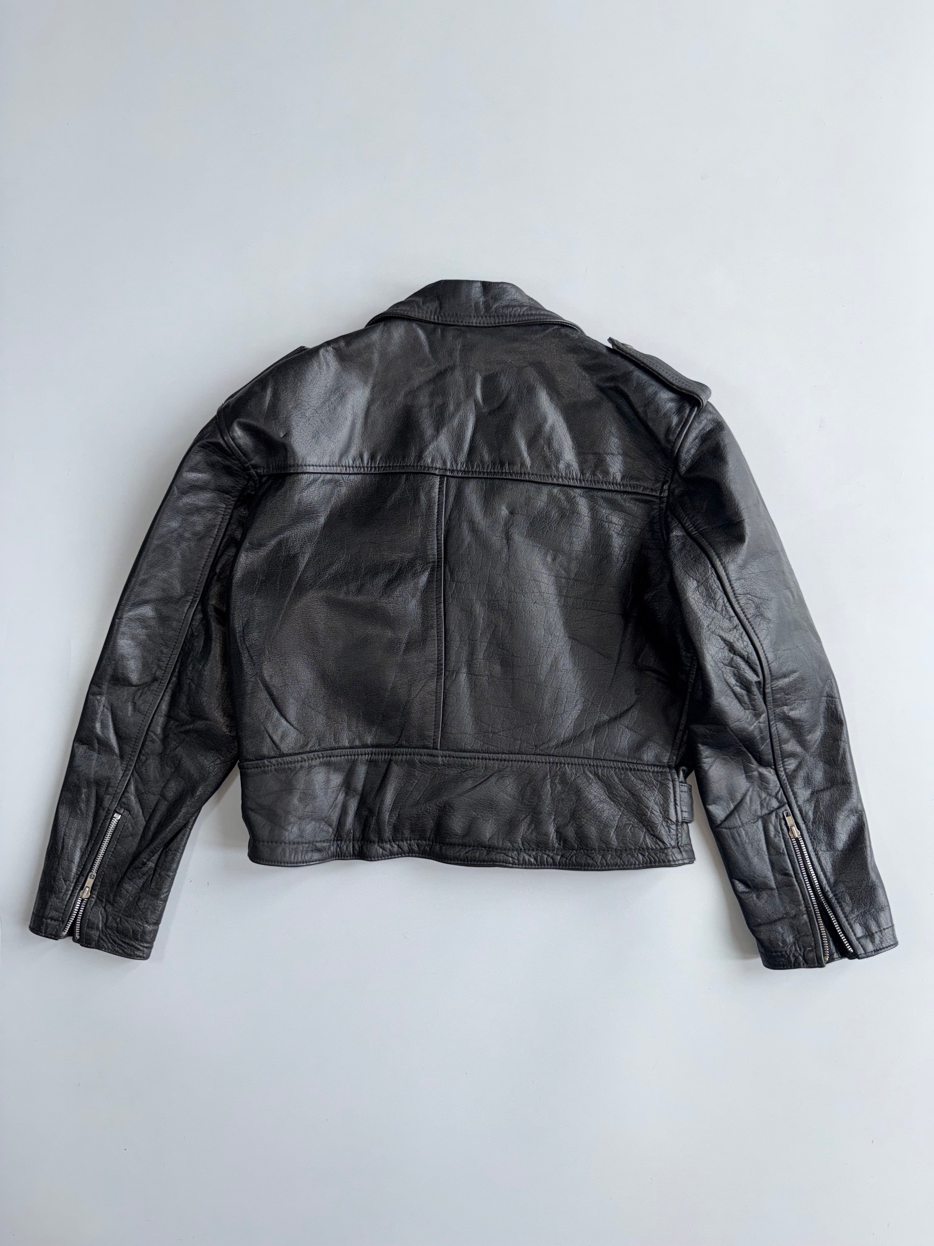 Jinglers Vintage Black Pure Leather Biker Jacket Belted Zip Up (L