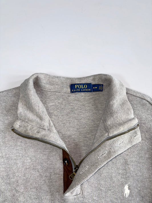 Polo Ralph Lauren Quarter Zip Sweater - Grey Elbow Patch Leather Trim Vintage (L)