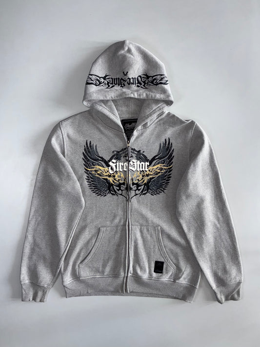 FireStar | Y2K Wing Graphic Zip-Up Hoodie | Grey Marl (XL)