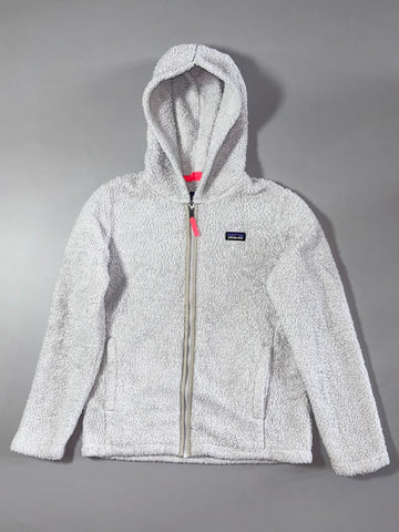 Patagonia White Sherpa Fleece Zip Hoodie – Neon Pink Trim (XS)