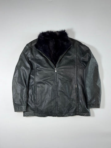 Charcoal Grey Leather-Look Zip-Up Jacket with Plush Collar (L)