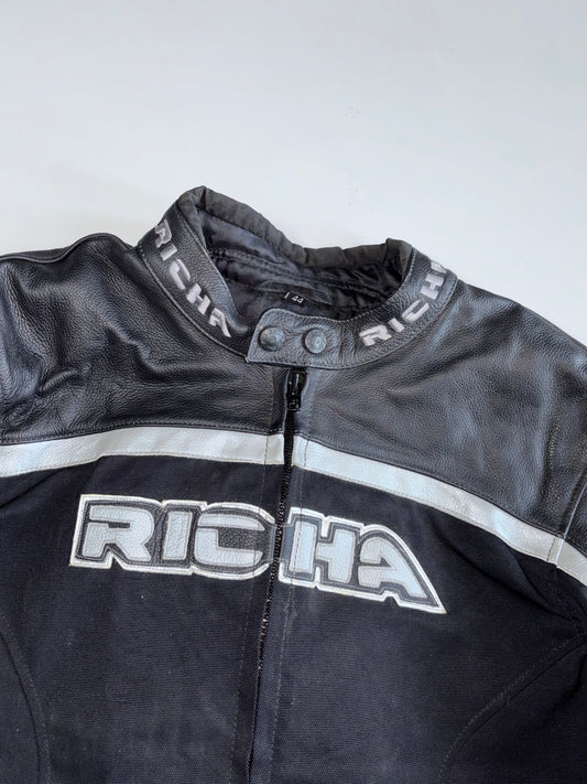 Richa Quality Manufactured Goods Silver Stripe Leather-Textile Hybrid Moto Jacket / Back Protection (XL)