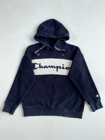 Champion Navy Sherpa Fleece Hoodie with Embroidered Script Logo (S)