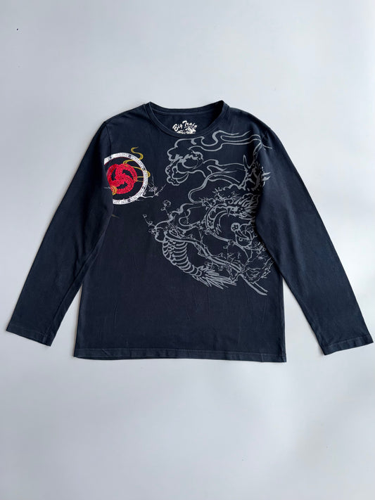 Big Train Osaka Japanese Dragon & Crane Graphic Long Sleeve Tee Black (XL)