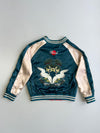 Japanese Souvenir Sukajan Crane Bonsai Embroidered Reversible Satin Bomber Jacket Teal (S)