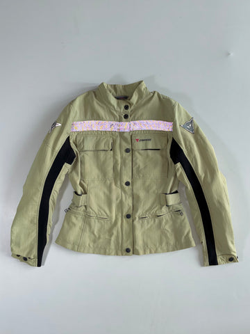 Vintage Dainese Women’s Khaki Textile Moto Jacket – Iridescent Reflective Stripe Paded (XS)