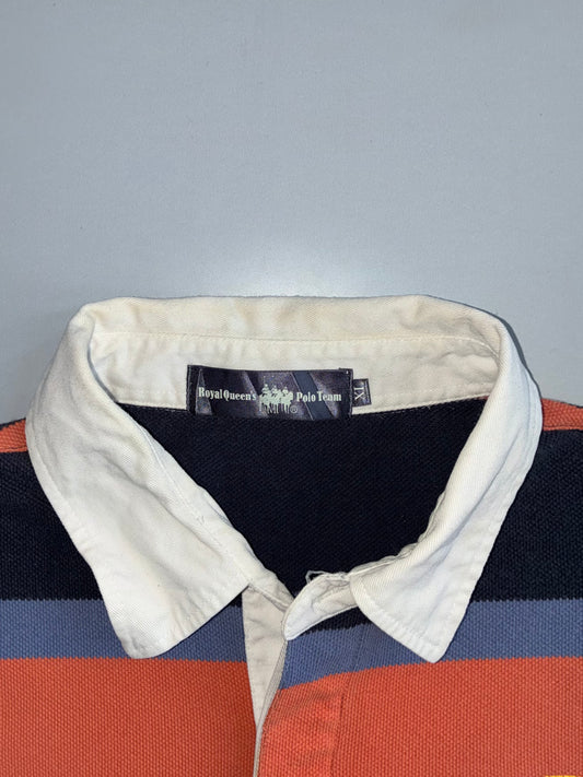 Vintage Striped Rugby Shirt – Navy, Orange & Grey “Since 1991” Crest (XL)