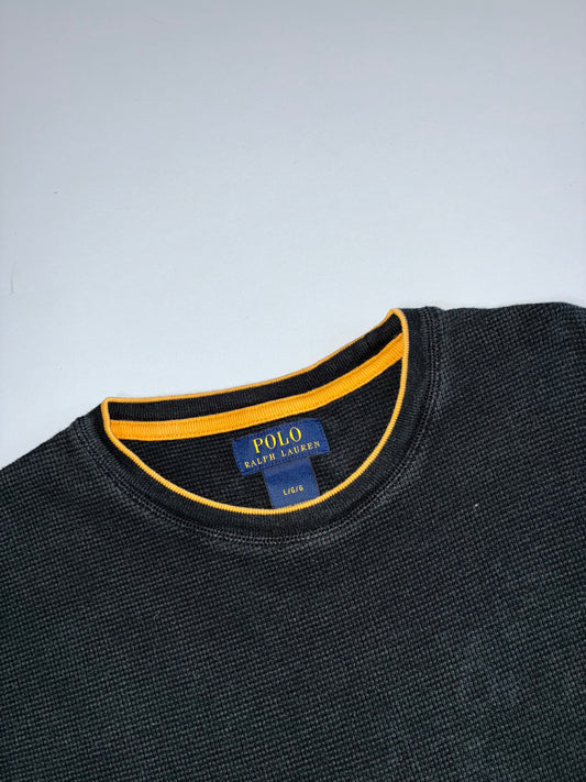 Polo Ralph Lauren Waffle Knit Thermal Crewneck Sweatshirt Black Gold Tipped Pony Logo (L)