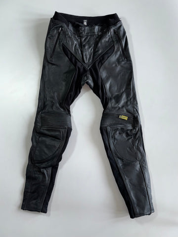 Black Leather Motorcycle Racing Pants with Knee Armor & Zip Pockets (W-31/L-38)