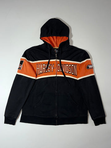 Vintage Harley-Davidson Black Orange Striped Zip-Up Hoodie (M)