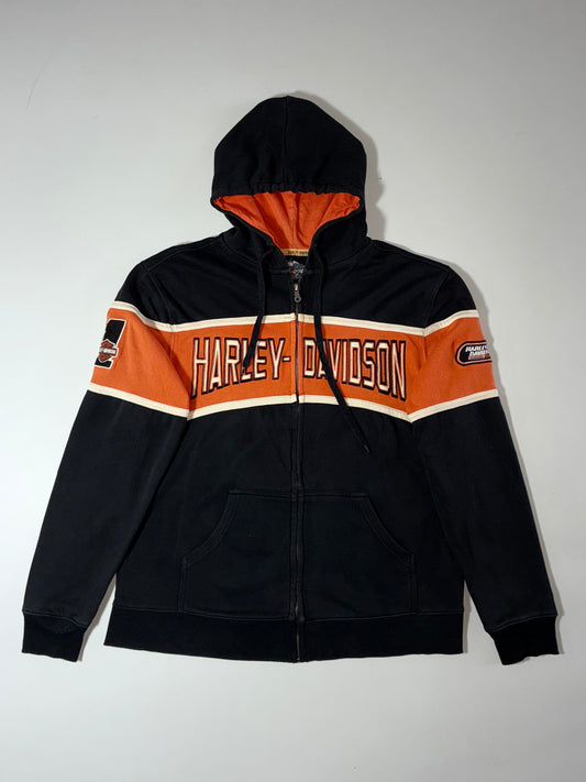 Vintage Harley-Davidson Black Orange Striped Zip-Up Hoodie (M)