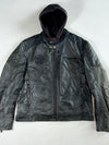 Camp David Black Leather Hooded Biker Jacket – Rugby Crest Embossing, Quilted Shoulders (XL)