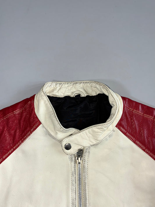 Vintage White & Burgundy Café Racer Leather Jacket (M)