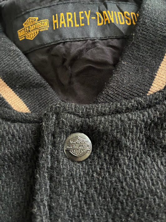 Vintage Harley-Davidson Black Wool Varsity Jacket with Leather Shoulder Panels (L/XL)