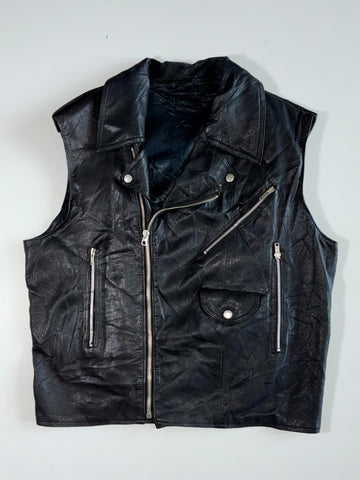 Black Leather Asymmetric Biker Vest (L)