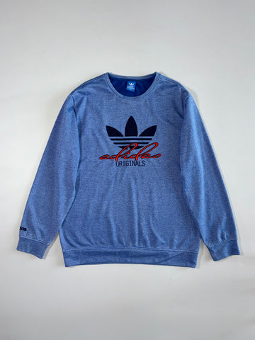 Vintage Adidas Originals Embroidered Trefoil Script Sweatshirt – Heather Blue (L)
