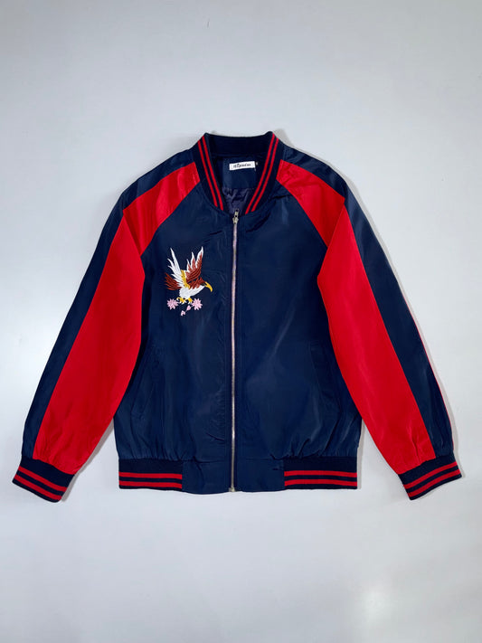 Vintage Eagle Embroidered Varsity Bomber Jacket Navy/Red (S)