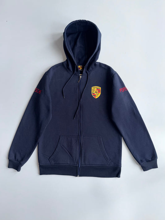 Porsche Crest Embroidered Navy Zip Hoodie Motorsport Vintage (M)
