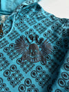Y2K Big Train Blue Skull Print Studded Zip Hoodie (L)