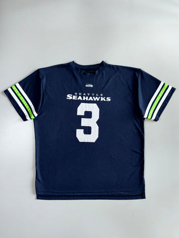 NFL Seattle Seahawks Russell Wilson #3 Navy Neon Green Striped Sleeve Mesh Football Jersey T-Shirt (2XL)