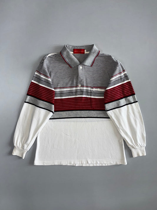 Jiaser Carmain Vintage Long Sleeve Striped Polo — Grey/Burgundy/White (M)