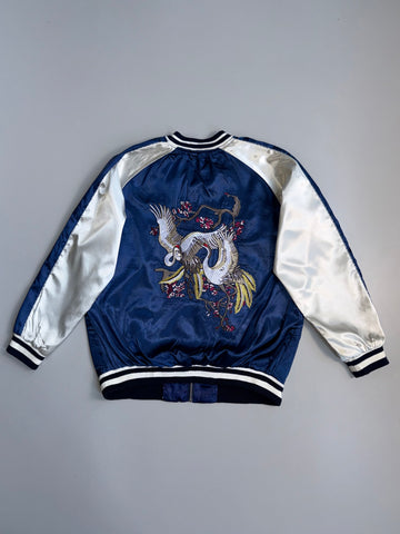 ZVintage Japanese Sukajan Bomber Jacket - Embroidered Cranes & Sakura (L)