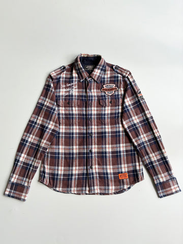 5th Street Premium Patch Embroidered Plaid Flannel Shirt – Brown/Navy (S)