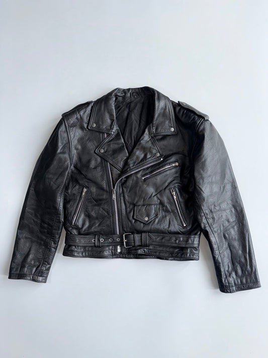 Jinglers Vintage Black Pure Leather Biker Jacket Belted Zip Up (L)