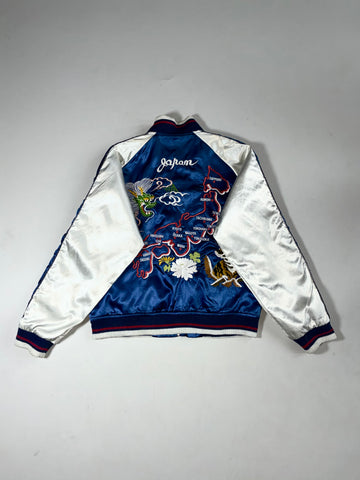 Vintage Jake Navy White Satin Souvenir Bomber Jacket Embroidered (S)