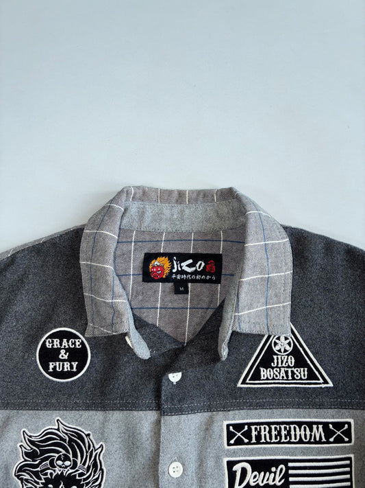 Jizo Bosatsu Grey Patchwork Overshirt Jacket | Japanese Streetwear Utility Shirt (S/M)