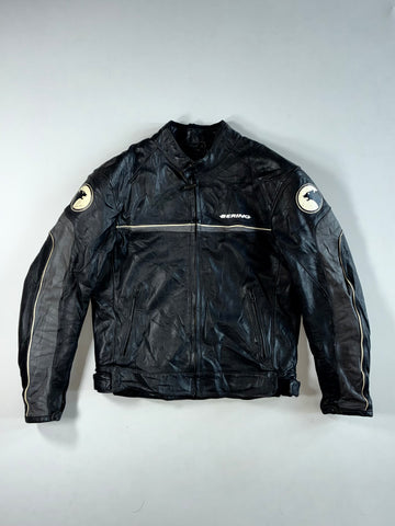 Bering Black & Grey Leather Motorcycle Racing Jacket Padded (M)