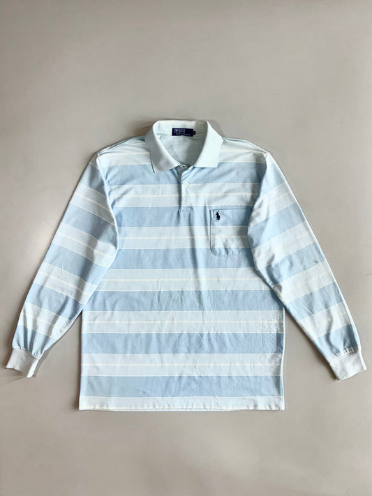 Vintage Polo Ralph Lauren Light Blue White Stripe Long Sleeve Polo T-Shirt (XL)