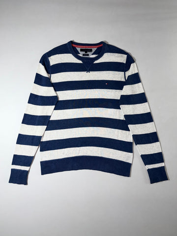Tommy Hilfiger Navy Striped Linen Cotton Sweater – Crewneck, (M)