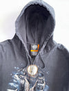 Vintage Rock Eagle Wolves Howling Moon All-Over Print Washed Black Zip-Up Hoodie (M)
