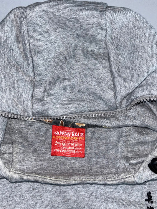 Nippon Blue Japanese Graphic Hooded Embroidered Sweatshirt (Grey) (M/L)