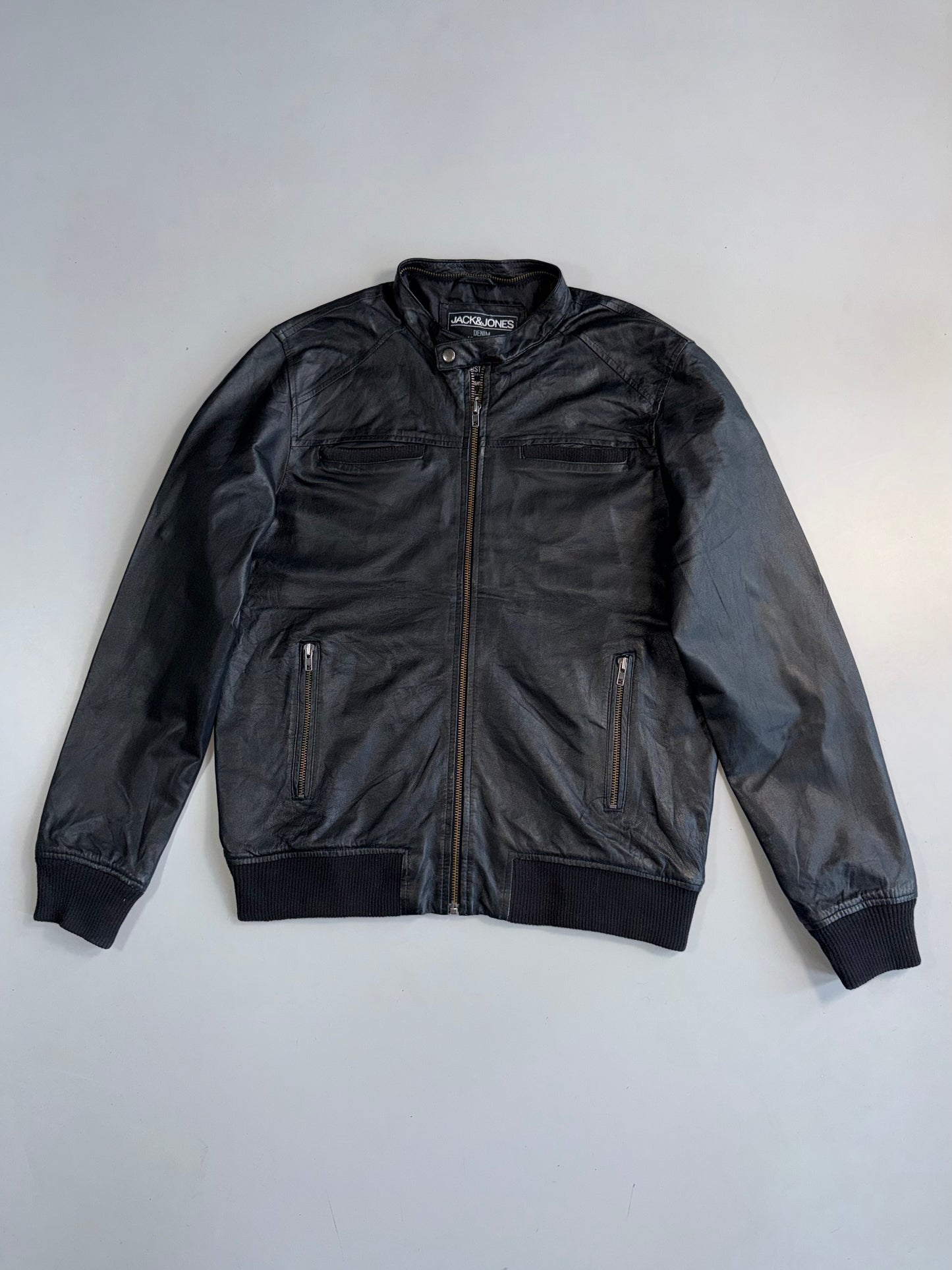 ZJack & Jones Core Genuine Leather Jacket | Detachable Grey Hood (XL)