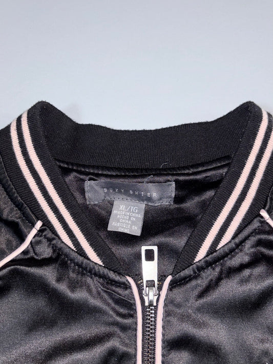 Suzy Shier Black Satin Embroidered Bomber Jacket (S/M)