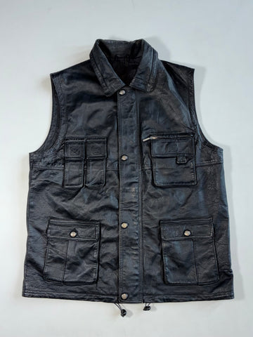 Vintage Black Leather Utility Cargo Vest (XL)