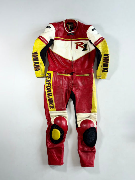 Vintage Schwabenleder Yamaha R1 Two-Piece Leather Racing Suit Jacket + Pants Set – Made in Germany (M) Pant (W:38|L:40)(PADDED)