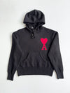 AMI Paris Black Knit Hoodie with Red Ami de Coeur Logo (L)
