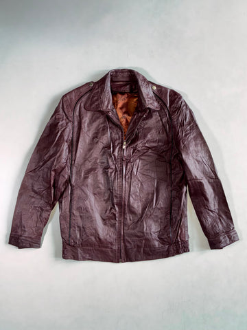 Vintage Burgundy Leather Zip Bomber with Piping & Epaulettes, Made in Spain, (S)