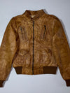 Vintage Tan Leather Bomber Jacket Genuine Leather Zip-Up with Multi-Pocket Design (XS)