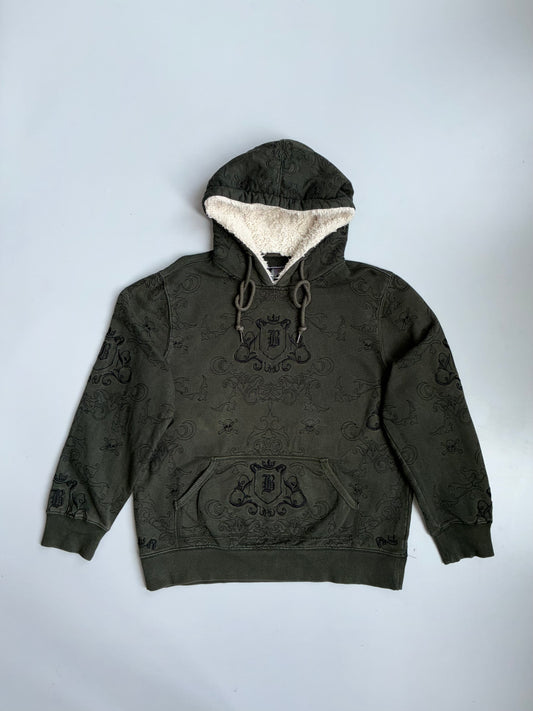 Big Train All-Over Embroidered Skull & Crest Sherpa-Lined Olive Hoodie  M/L