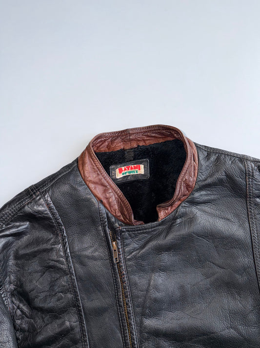 Batani Sports Black Leather Jacket (Brown Collar/Pocket (L/XL)