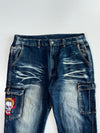 Win-Top Y2K Skull Flame Embroidered Tribal Stitch Cargo Pocket Heavy Whisker Wash Baggy Denim Jeans (W:36 |L:39)