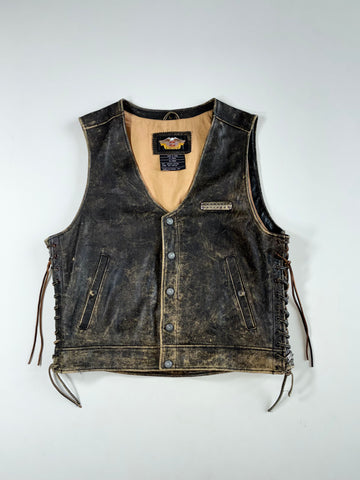 Harley-Davidson Distressed Black Leather Biker Vest with Side Lacing (L)