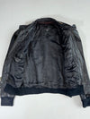Vintage Black Leather Café Racer Bomber with Zip Collar, Shoulder Zips & Navy Rib Knit, Made in Korea (S)